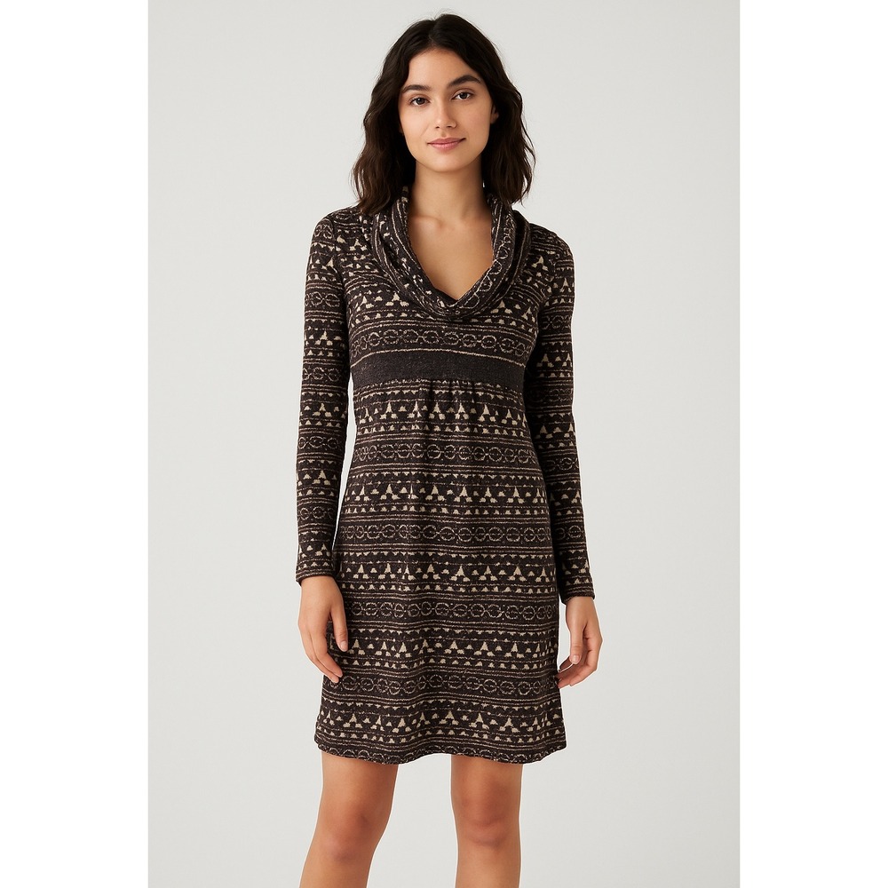 Hazel Brown Patterned Long‎ Sleeve Cowl Neck Knit Dress Fair Isle Print Small S